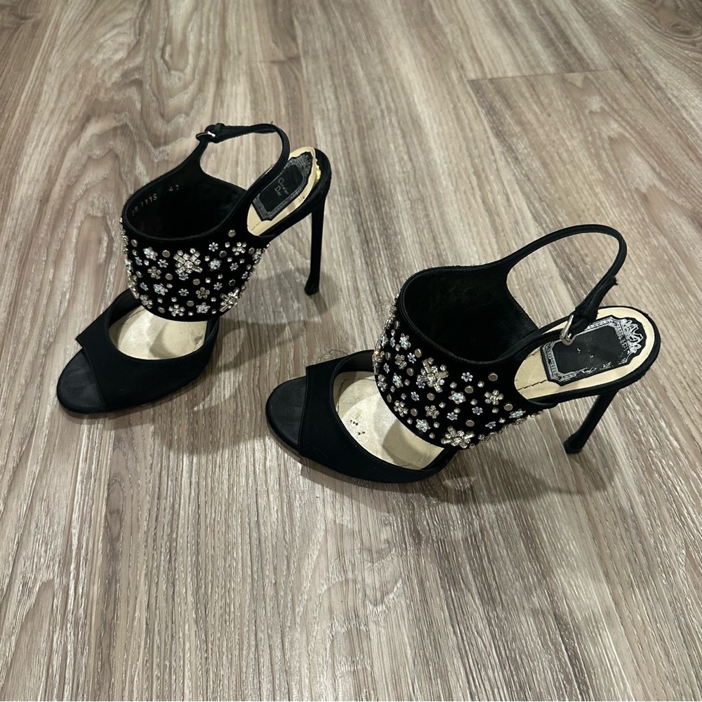 Christian Dior Black Satin Crystal Embellished Slingback Heels
